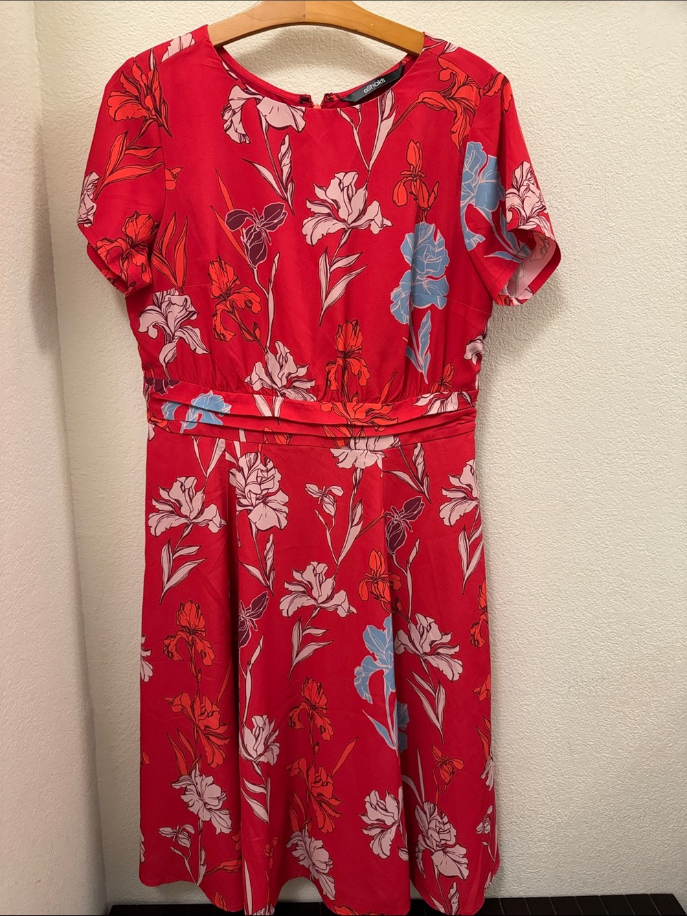 eshakti Red Floral Midi Dress with Blue and White Blooms